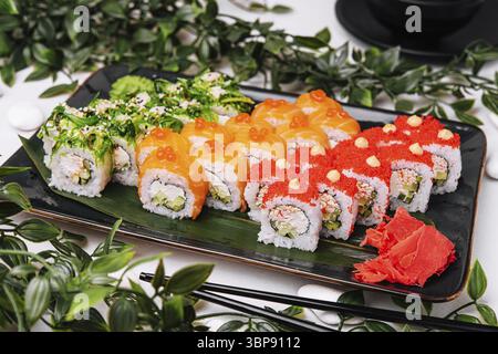 Food, Big set of rolls with wasabi and pickled ginger Stock Photo