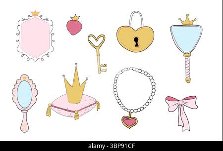 Princess set cute hand drawn sketch. Girl magic fairy mirror, pageant, crown, fairytale fantasy. Royal accessory. Letter and key. Vector illustration Stock Vector