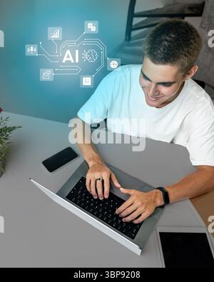 Young man engaged in creative work using a laptop and exploring artificial intelligence concepts at home Stock Photo