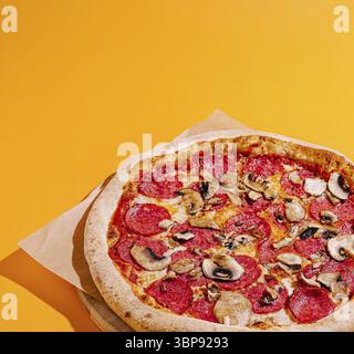 Board with tasty pizza on color wooden background Stock Photo - Alamy
