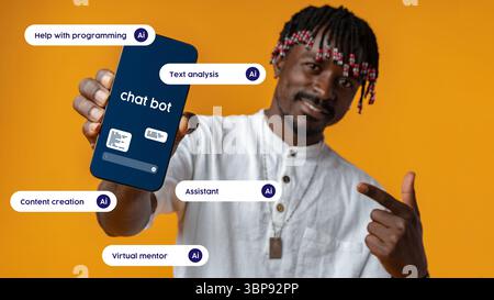 Man showcasing chatbot app features with AI capabilities in a vibrant orange background Stock Photo
