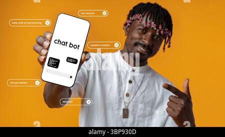 Man showcasing chatbot mobile application with helpful features on a vibrant orange background Stock Photo