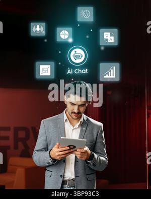 Professional man engaging with AI technology while checking data analytics in a modern office setting Stock Photo