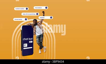 Engaging young man interacting with chatbot technology in vibrant orange setting Stock Photo