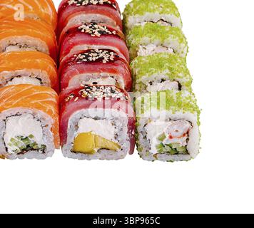 Food, Sushi set with salmon, tuna and green tobiko caviar being isolated on white background Stock Photo