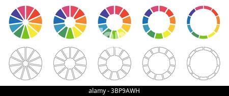 Set of donut charts, pies segmented on 11 equal parts. Diagrams infographic multicolored collection. Wheels divided in eleven sections. Circle section Stock Vector