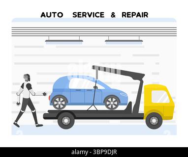 Automotive service concept with robot assisting tow truck lifting car in garage setting vector Stock Vector