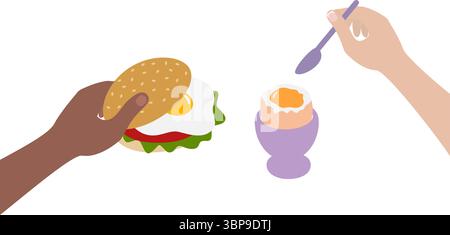 Sandwich with Fried Egg in Mans hand and Soft Boiled Egg in Egg bowl and spoon in Womens hand Set. Isolated Vector illustration Food Poster designs Sticker Icon or banners, leaflets, labels, price tag Stock Vector