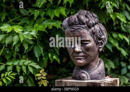 A bronze bust of Mia Hesse stands out against dense green foliage in the garden of the Mia and Hermann Hesse House in Gaienhofen, Baden-Württemberg, Germany. The bust commemorates Mia Hesse, née Maria Bernoulli (1868–1963), a photographer who moved from Basel to the Höri peninsula on Lake Constance after marrying Hermann Hesse in 1904. Stock Photo