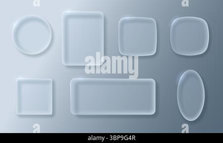 Glass buttons or frames of different shapes. UI element with transparency and blur effect. Vector 3d illustration. Stock Vector
