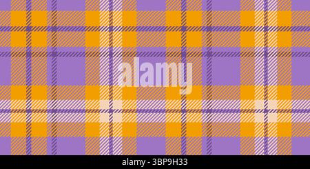 A striking tartan plaid pattern featuring bold purple and orange hues accented with beige tones in a crisscrossed geometric layout of squares and line Stock Vector