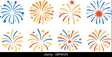 Festive horizontal banner of red yellow and blue fireworks in flat cartoon style. Perfect for party headers and celebration graphics. Stock vector ill Stock Vector