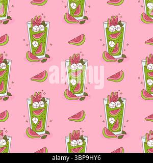 Seamless Pattern Guava Green Drink with tropical Fruit slices, ice cubes and Mint on Pink Background. Vector illustration Stock Vector