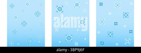 Pixel snow patterns set - white and blue snowflakes scattered on pastel gradient background. Different crystal shapes, dots and geometric forms for winter game textures, retro 8 bit holiday designs. Stock Vector