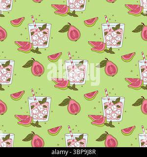 Seamless Pattern Guava Drink Cocktail with tropical Pink slices, ice cubes and Mint on Green Background. Vector illustration. Summer Fruit Pink Refres Stock Vector