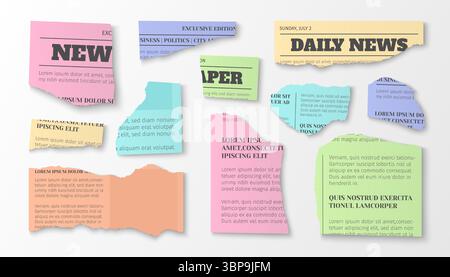Torn newspaper and magazine clippings in pastel colors - paper scraps with headlines and article text. Colorful ripped media collage elements with ripped edges for scrapbooking or journalistic design. Stock Vector