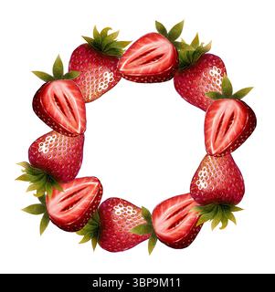 Strawberry fruit arranged in a circular wreath. Drawing created in watercolor style on white background. Ideal for summer designs, packaging, labels, Stock Photo