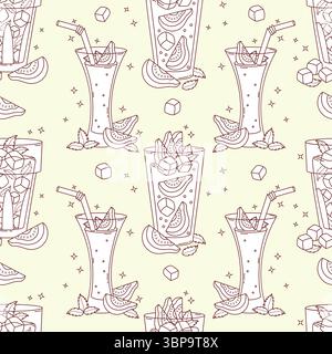 Outline Seamless Pattern with Guava Drink on light Green Background with tropical Fruit slices and Mint leaves. Summer Refreshing Cocktail. Line hand Stock Vector