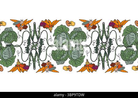 Botanical decorative different vegetables horizontal seamless pattern border isolated on white background. Hand drawn colorful veggies plants with Cab Stock Vector