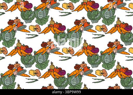 Botanical colorful vegetables seamless pattern vector illustration. Repeating cartoon different veggies with Cabbage Carrot Peas Pepper Onion Tomato i Stock Vector