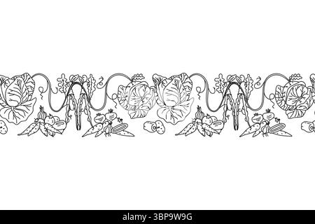 Line art botanical decorative different vegetables horizontal border seamless pattern isolated on white background. Hand drawn outline veggies with Ca Stock Vector