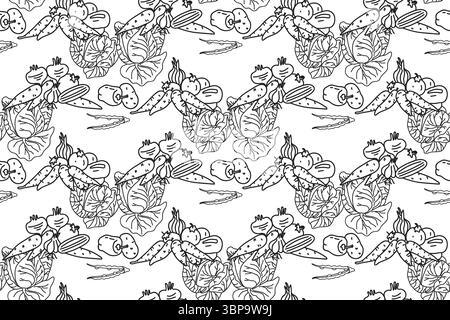 Line art botanical vegetables seamless pattern vector illustration. Repeating different veggies with Cabbage Carrot Peas Pepper Onion Tomato in white Stock Vector