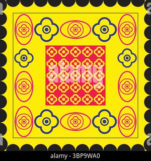 Bright retro geometric floral pattern in yellow, red, and blue. Ideal for prints, textiles, wallpapers, and vintage-themed design projects. Stock Vector
