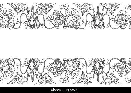 Line art botanical decorative different vegetables horizontal border seamless pattern isolated on white background. Hand drawn outline veggies with Ca Stock Vector