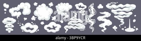 Cartoon comic smoke and puff clouds on dark background. Vector cloud, trail, and motion effect in comic style. Great for animation, motion graphics Stock Vector