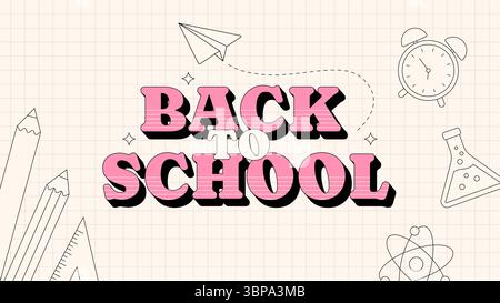 Retro back to school banner with minimalist outline icons on grid paper background. Vector illustration Stock Vector