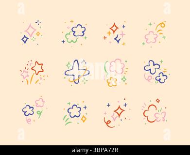 Sparkle cute hand-drawn glitter, stars and floral shapes design icons drawing on beige background. Stock Vector