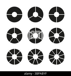 Circles division on 2, 3, 4, 5, 6, 7, 8, 9, 10 equal parts. Wheel divided diagrams with two, three, four, five, six, seven, eight, nine, ten segments Stock Vector