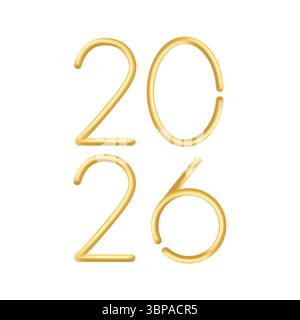 Stylized vertical golden 2026 numbers with decorative swirls in 3D. Elegant and festive layout for greeting cards and celebration design. Stock Vector