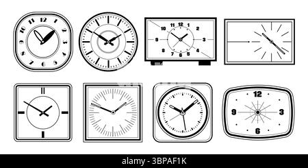 Set of clock outline. Vector round and square watch for table and wall. Desktop classic timepieces collection. Home interior design element or house decoration. Icon for timekeeping and punctuality. Stock Vector