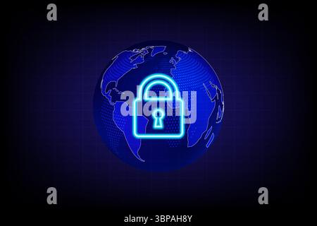 Glowing neon padlock icon over a digital globe, symbolizing cybersecurity, data protection and global network privacy, vector illustration Stock Vector