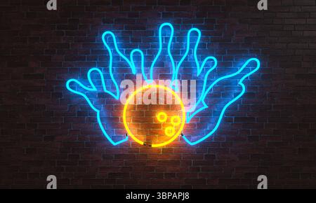 Bowling ball knocking down pins neon sign on brick wall 3d Stock Photo