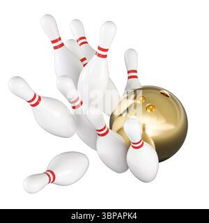 Golden bowling ball knocking down white pins 3d transparent background Stock Photo