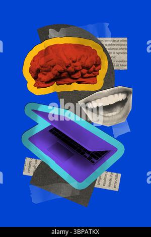 Composite image montage trend artwork collage of silhouette laptop brain think mouth smile data support service cyberspace ai technology Stock Photo