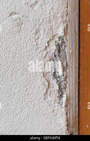 Close-up of deteriorating plaster wall revealing dampness, decay, and structural damage, emphasizing the need for restoration Stock Photo