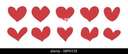 Hearts set. Red color fill. Red heart icons celebration collection. Hearts drawn of different shapes for web. Cute graphic art template.  Stock Vector