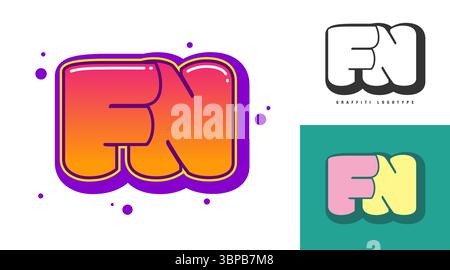 FN logo design for festival or party. Initial letter f and n in graffiti style. Creative modern lettering company name of font typography. Kids trendy Stock Vector