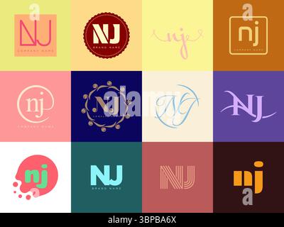NJ logo company template. Letter n and j logotype. Set different classic serif lettering and modern bold text with design elements. Initial font typog Stock Vector