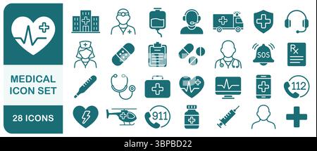 Healthcare and Medical icon symbol set. Medical icons collection. Hospital doctor logo pack. Vector illustration image. Isolated on white background. Stock Vector