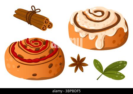 Vector illustration Cinnamon bun and sweet snail bun. Dessert baking. Sweet flour products. Pastry on white background Stock Vector