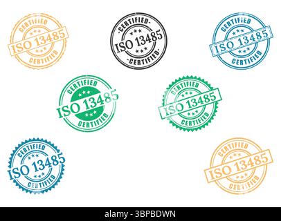 ISO 13485 Certified Grunge Stamp Collection, Medical Devices Quality Badges Stock Vector