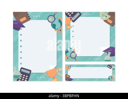 School themed template copy space background set with stationery elements such a notebook, calculator, and ruler. Back to school background collection Stock Vector