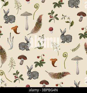 Vector autumn seamless wood pattern with rabbits, mushrooms and flowers Stock Vector