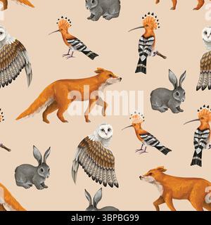 Seamless pattern with wood's animals and birds. Vector. Stock Vector