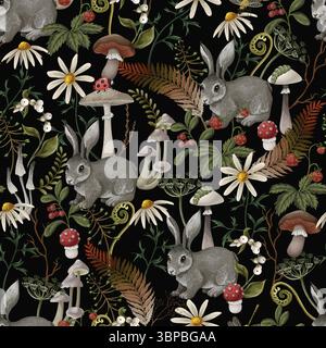 Vector autumn seamless wood pattern with rabbits, mushrooms and flowers Stock Vector