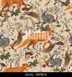 Vector autumn seamless wood pattern with fox, rabbit and mushrooms Stock Vector